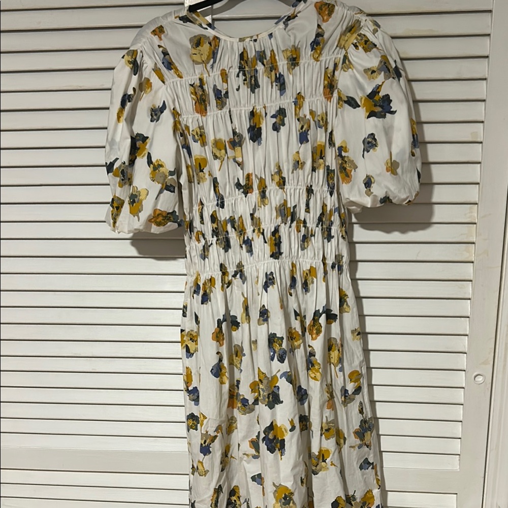 White abstract floral blue/yellow iris Smocked Sundress with 3/4 Puff Sleeves